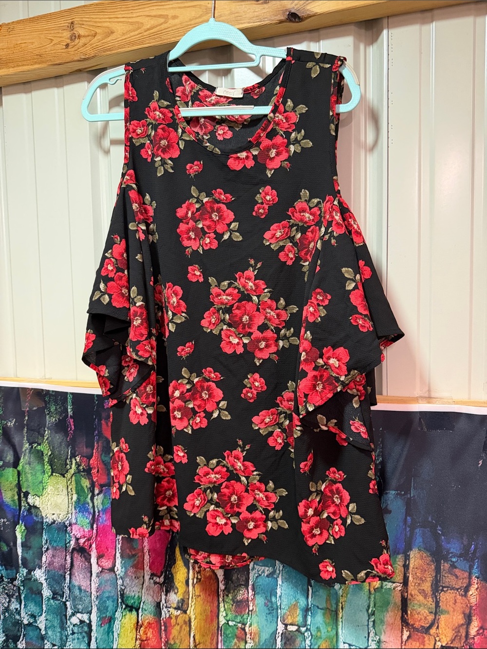 ODDY Black cold shoulder blouse with Red Floral Print